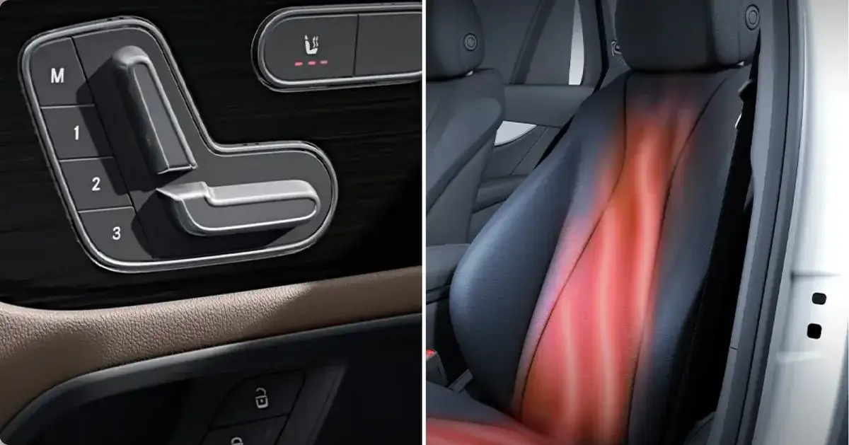 Heated seat controls beside a cutaway showing the seat heating elements.