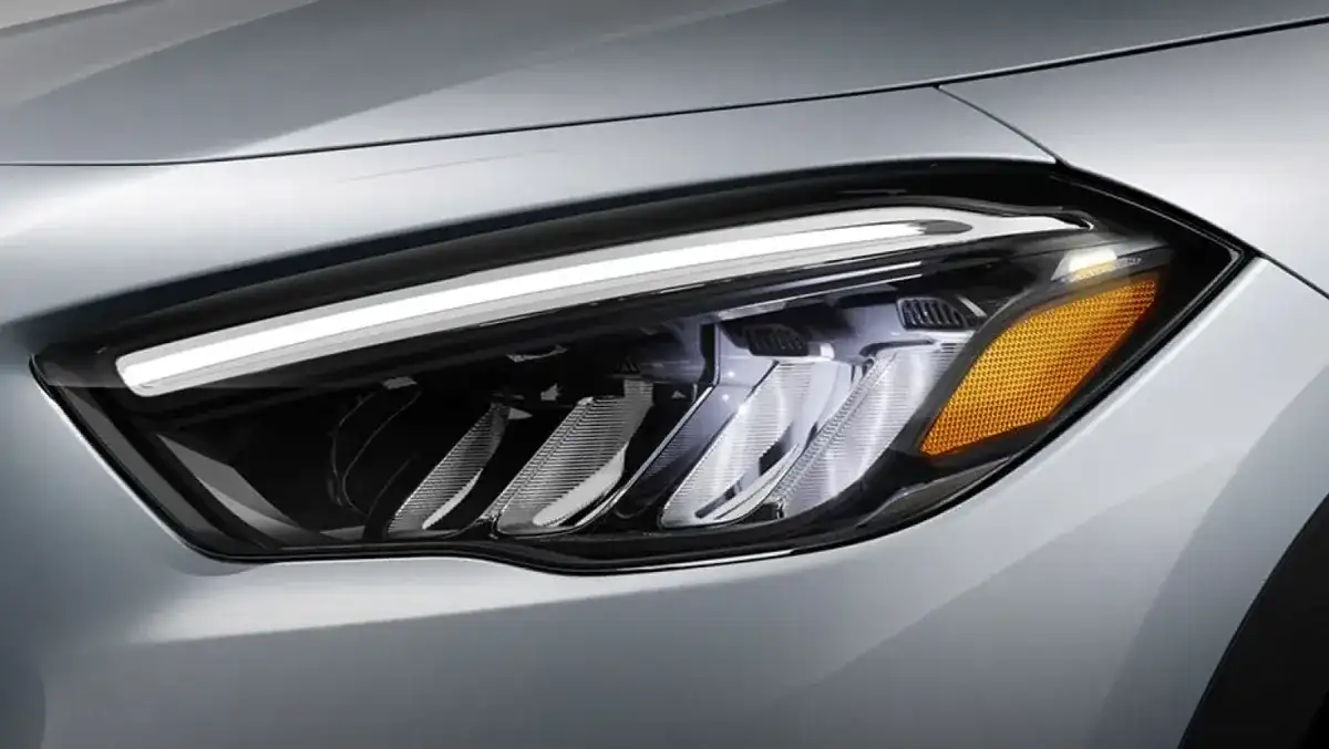 LED headlamp assembly lit on the front of a GLA.