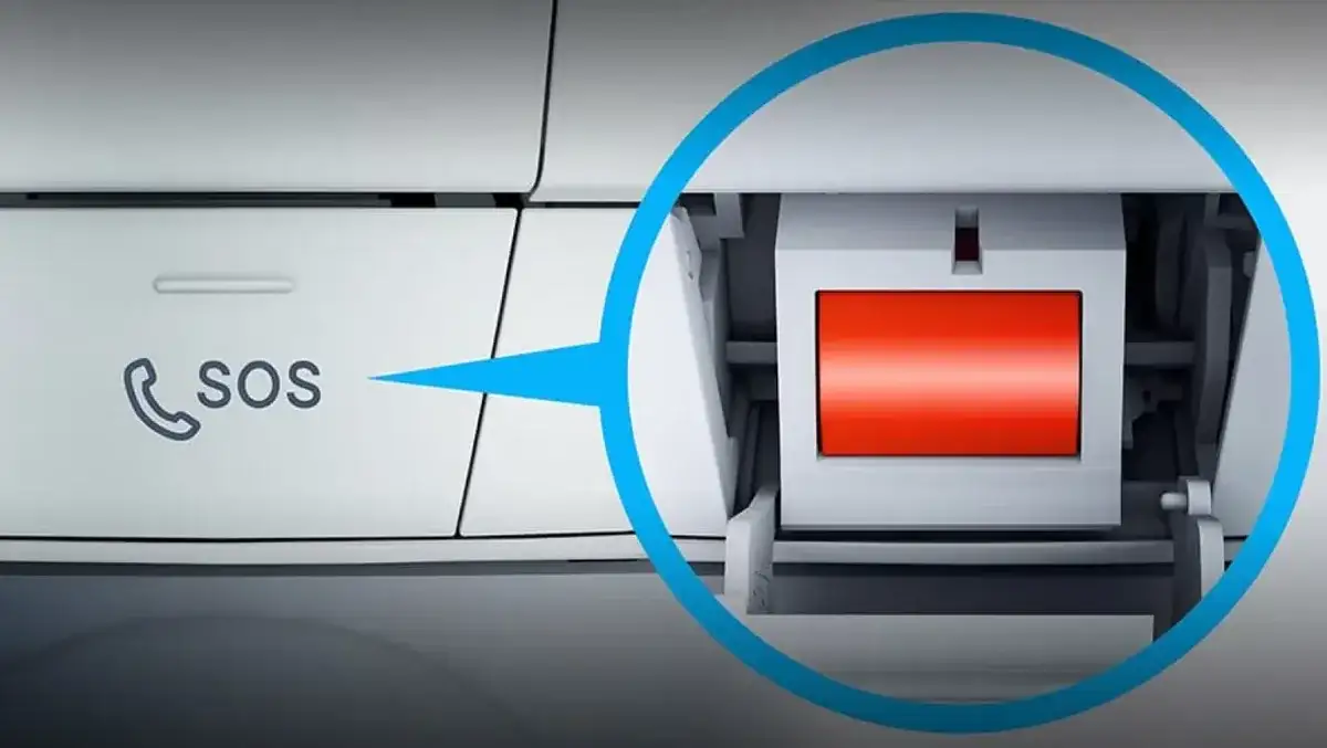 Overhead console SOS button for the Mercedes-Benz Emergency Call service.