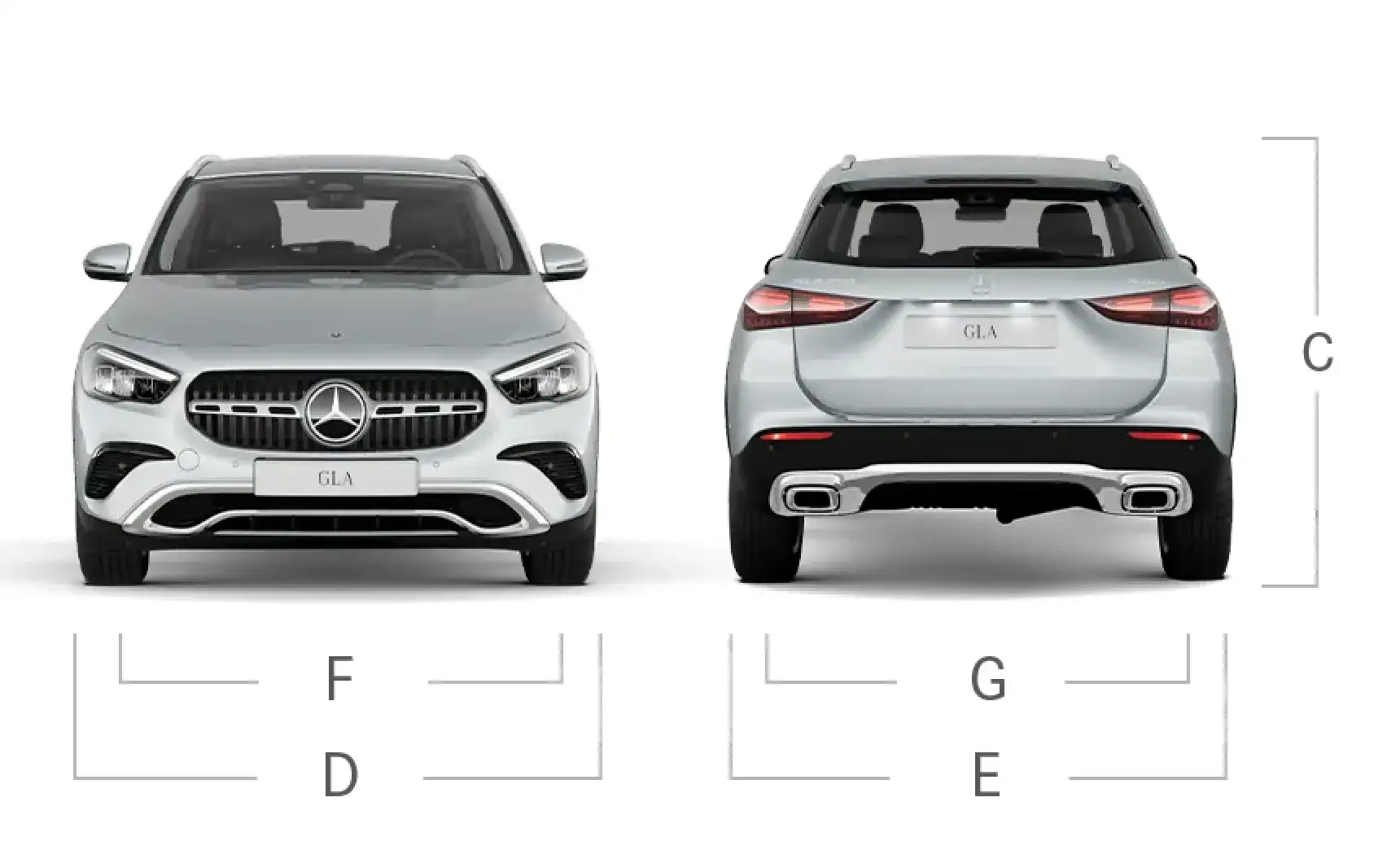 Front and rear views of the GLA 250 4MATIC SUV with height, width and track dimension lines labelled C through G.