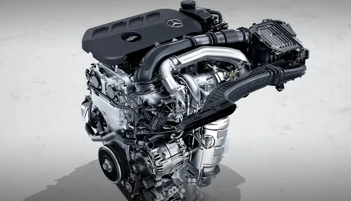 2.0L inline-4 turbocharged engine with mild hybrid drive shown on a plinth.