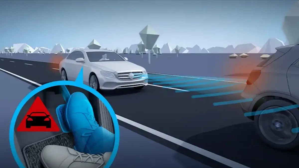 Illustration of a vehicle braking behind slower traffic with a collision warning icon.