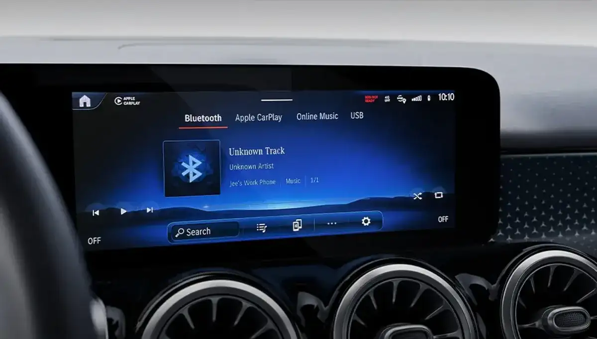 Central touchscreen showing a Bluetooth audio playback screen.