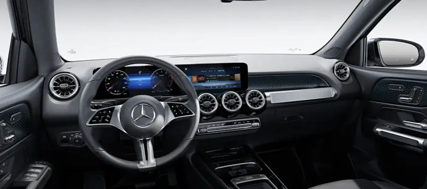 GLB dashboard showing the widescreen cockpit display and turbine air vents.