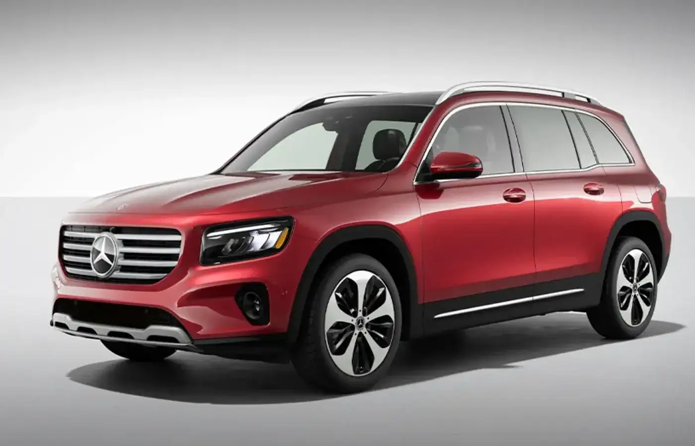 Red GLB 250 4MATIC SUV shown from a front three-quarter angle on a pale backdrop.