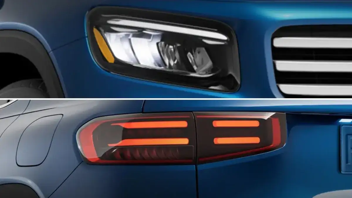 LED headlamp assembly on the front of a GLB, lit at dusk.