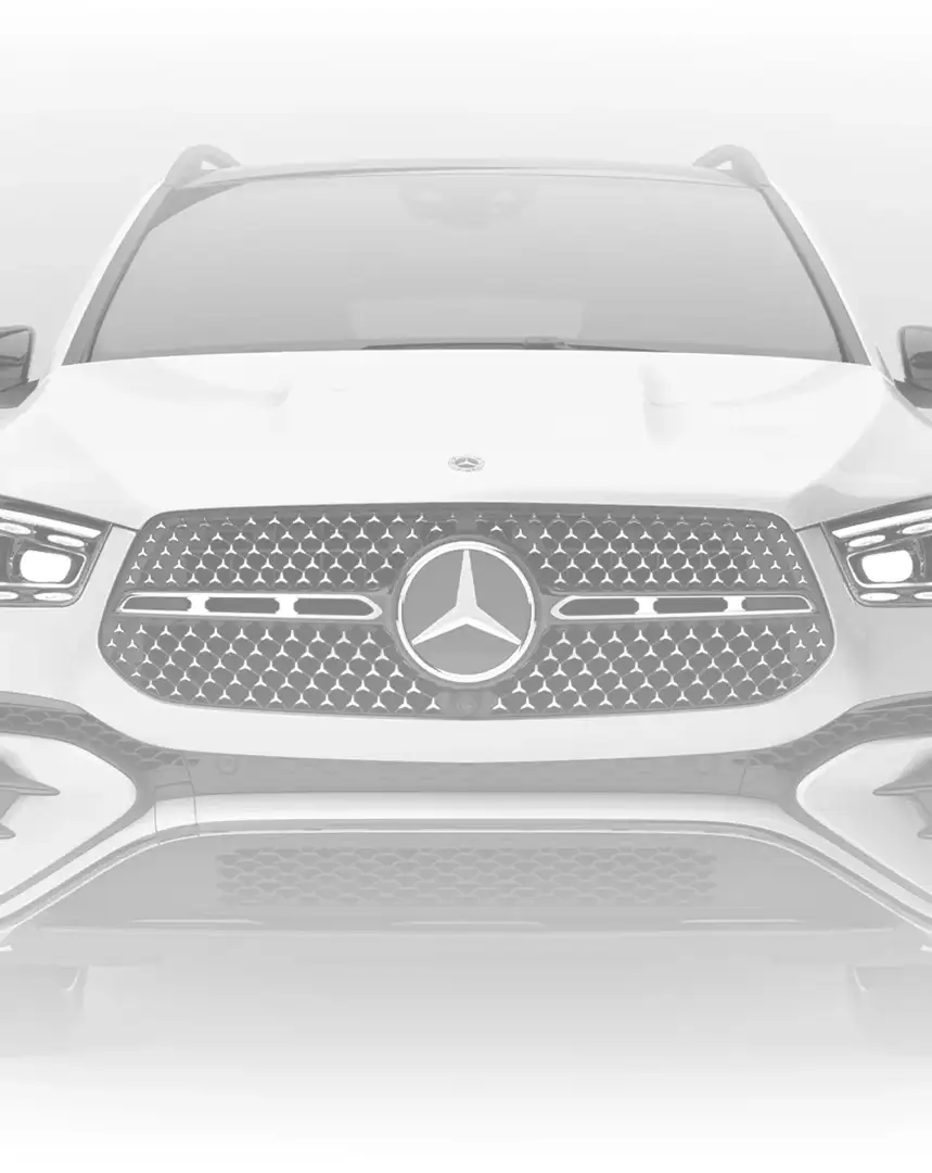 Front end of a white GLE 450 4MATIC SUV showing the Star-pattern grille and LED headlamps.