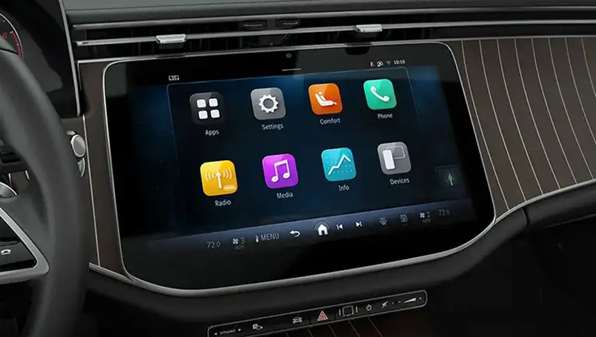 Third-generation MBUX central touchscreen displaying its tile-style app icons.