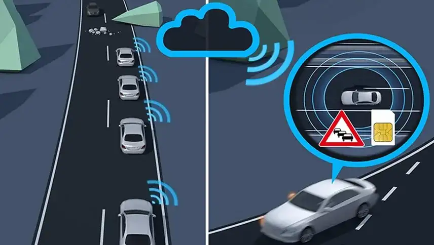 E-Class receiving a Car-to-X hazard alert on the in-dash display.