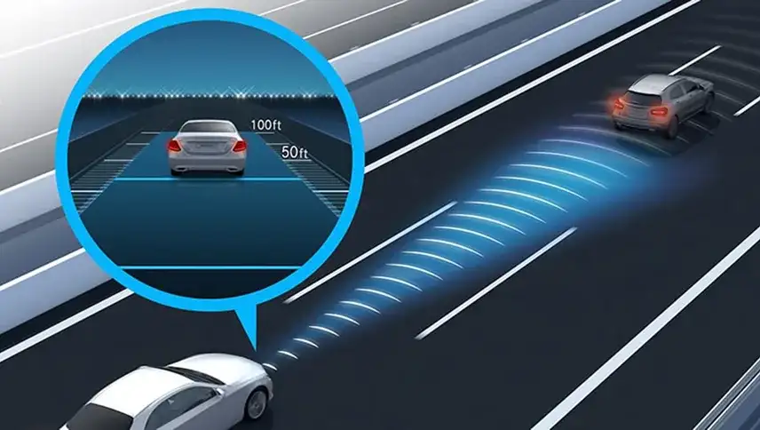 E-Class holding a set distance behind traffic with DISTRONIC adaptive cruise control active.