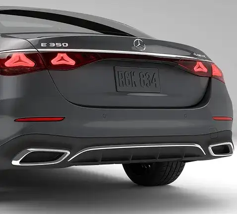 Rear view of a grey E 350 4MATIC Sedan showing its E 350 badge, LED taillamps and chrome exhaust outlets.