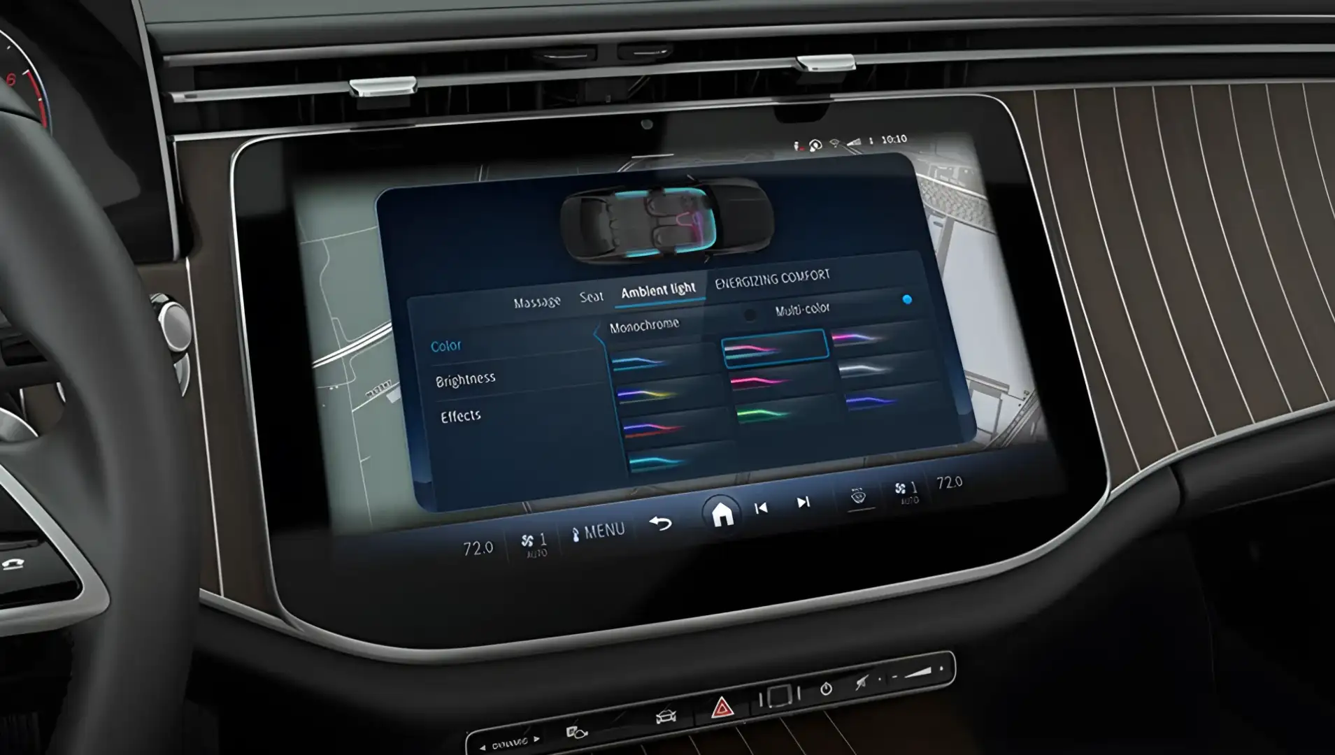 The 14.4-inch central touchscreen in the E-Class dashboard showing multiple functions at once.
