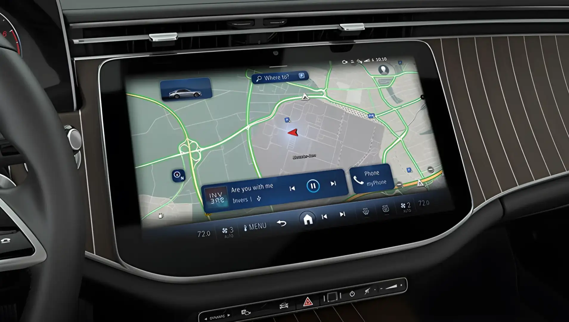 MBUX Navigation showing a 3D map with building profiles on the central display.
