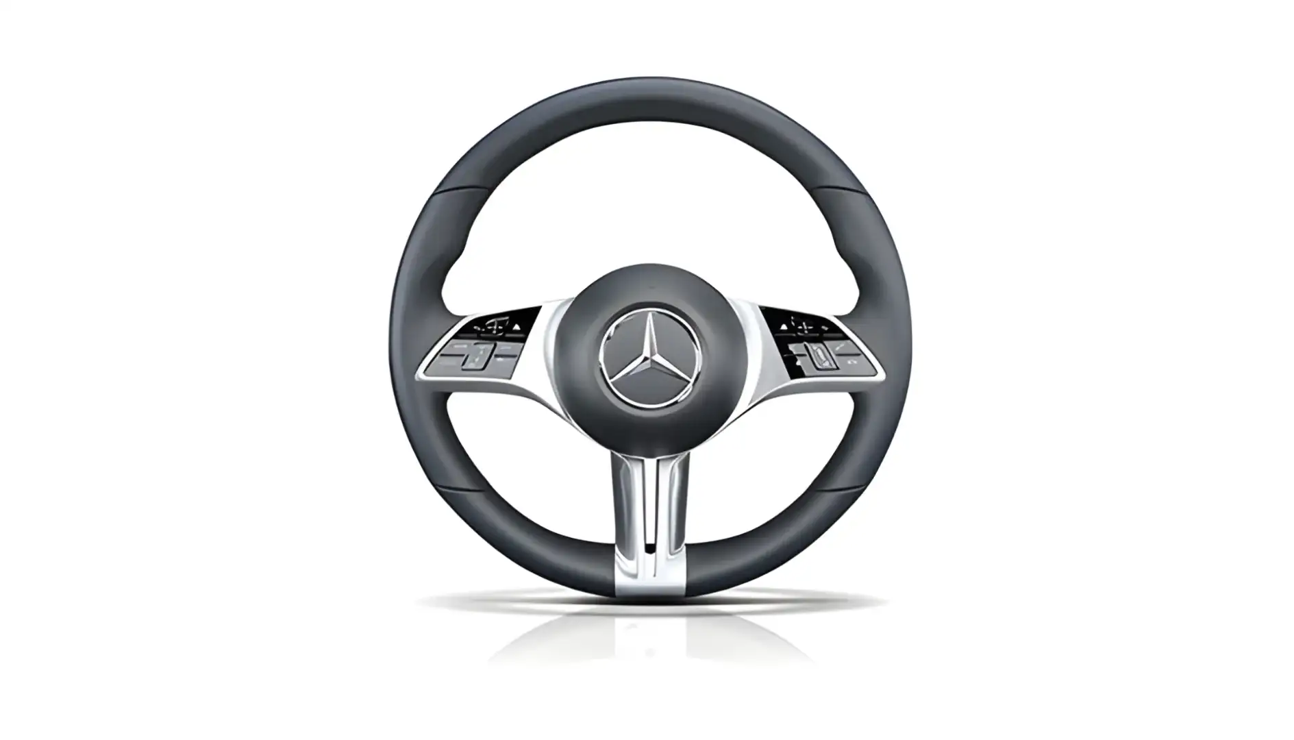 Leather-wrapped steering wheel with sculpted side grips and matte silver spoke trim.