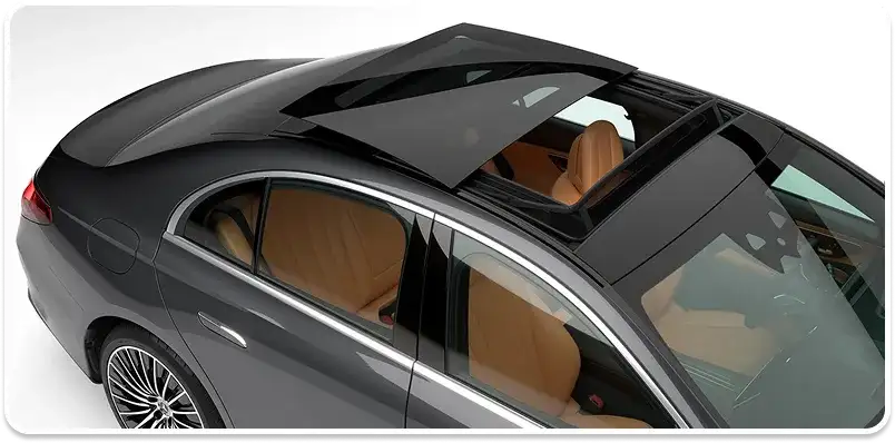 Overhead view of the E-Class panorama roof, its glass panels revealing the saddle brown interior.