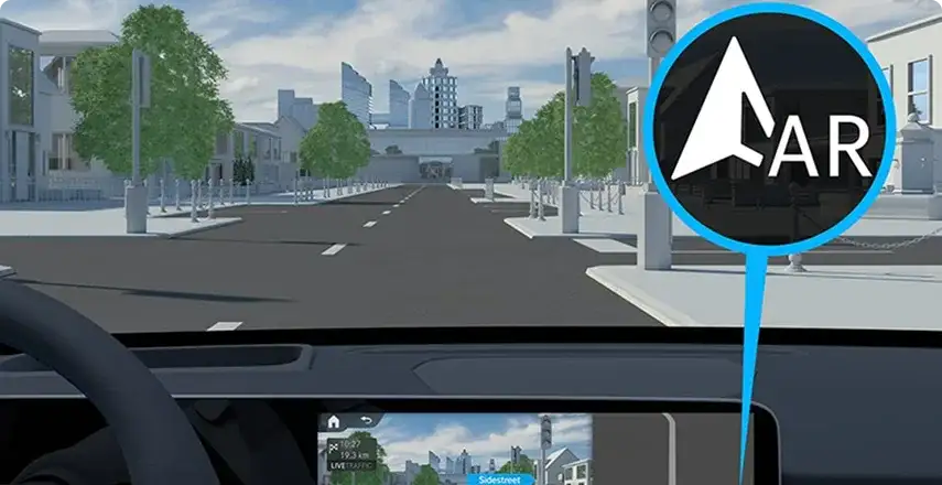 Central display showing MBUX Augmented Video overlaying guidance arrows on a live camera view of the road.