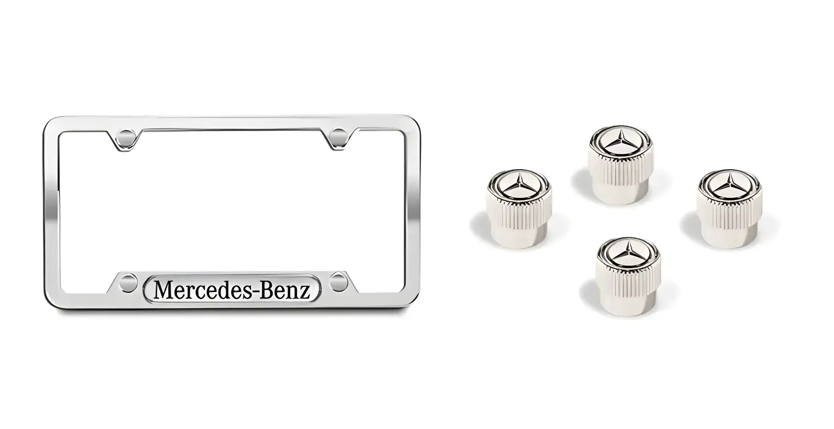 Polished Mercedes-Benz license plate frame and Three-Pointed Star valve stem caps.