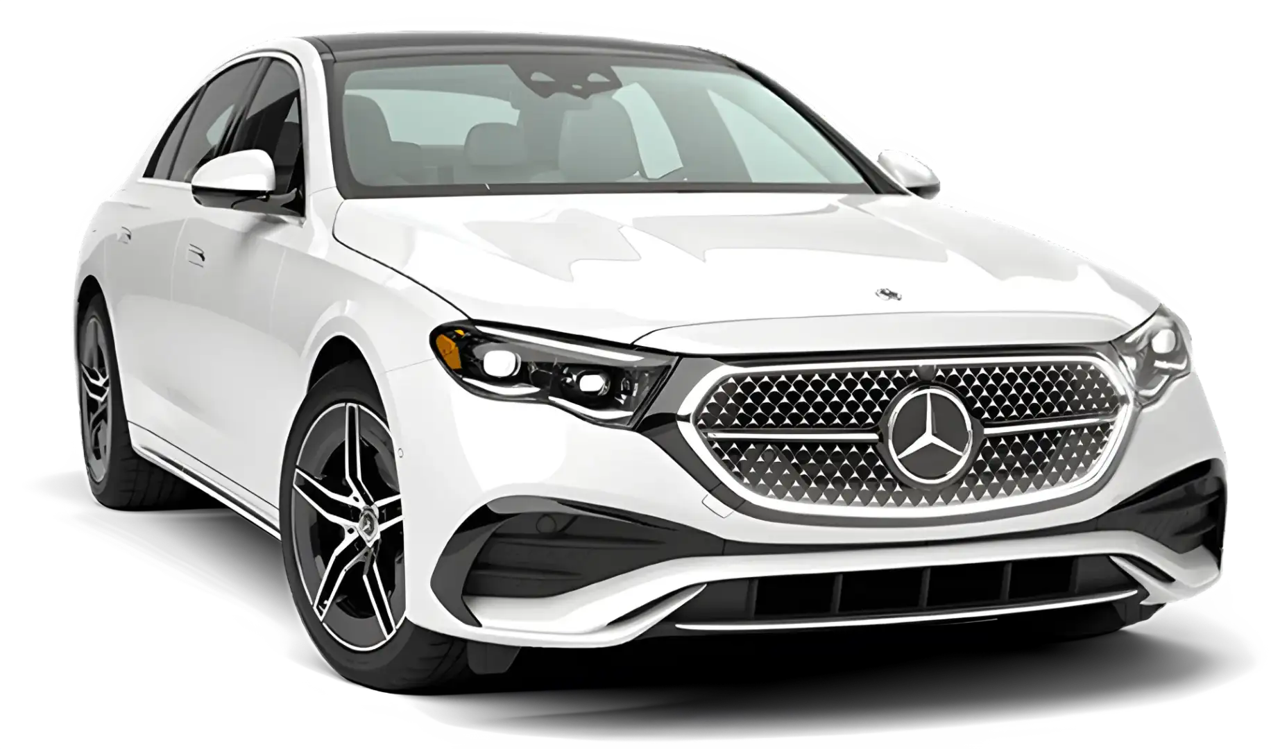 White 2027 Mercedes-Benz E 350 4MATIC Sedan in Pinnacle trim, shown from a front three-quarter angle.