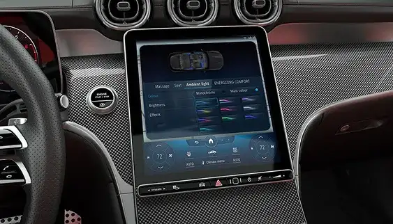 GLC dashboard and console lit by the 64-color LED ambient lighting.