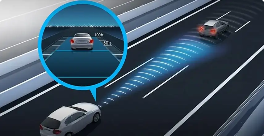 Illustration of the GLC following traffic with DISTRONIC radar beams highlighted in blue.