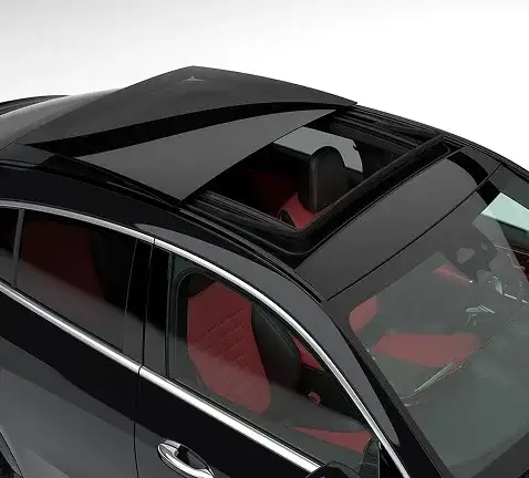 Black GLC 300 4MATIC Coupe seen from above with the panorama roof over a red leather interior.