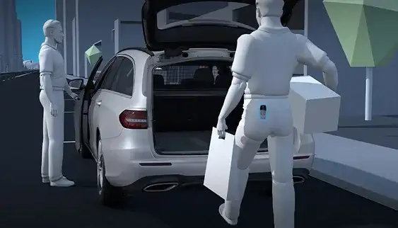 Illustration of the liftgate opening hands-free as a person approaches carrying boxes.