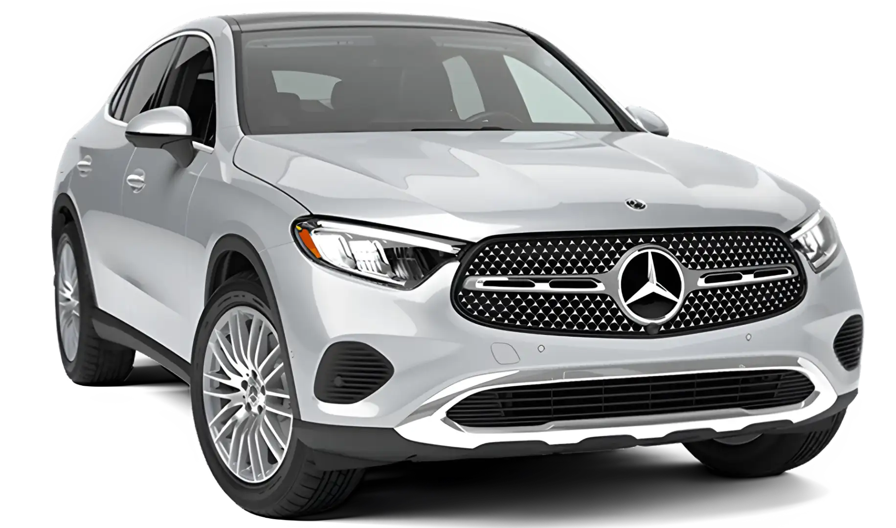 White 2027 Mercedes-Benz GLC 300 4MATIC Coupe in Pinnacle trim on a black backdrop.