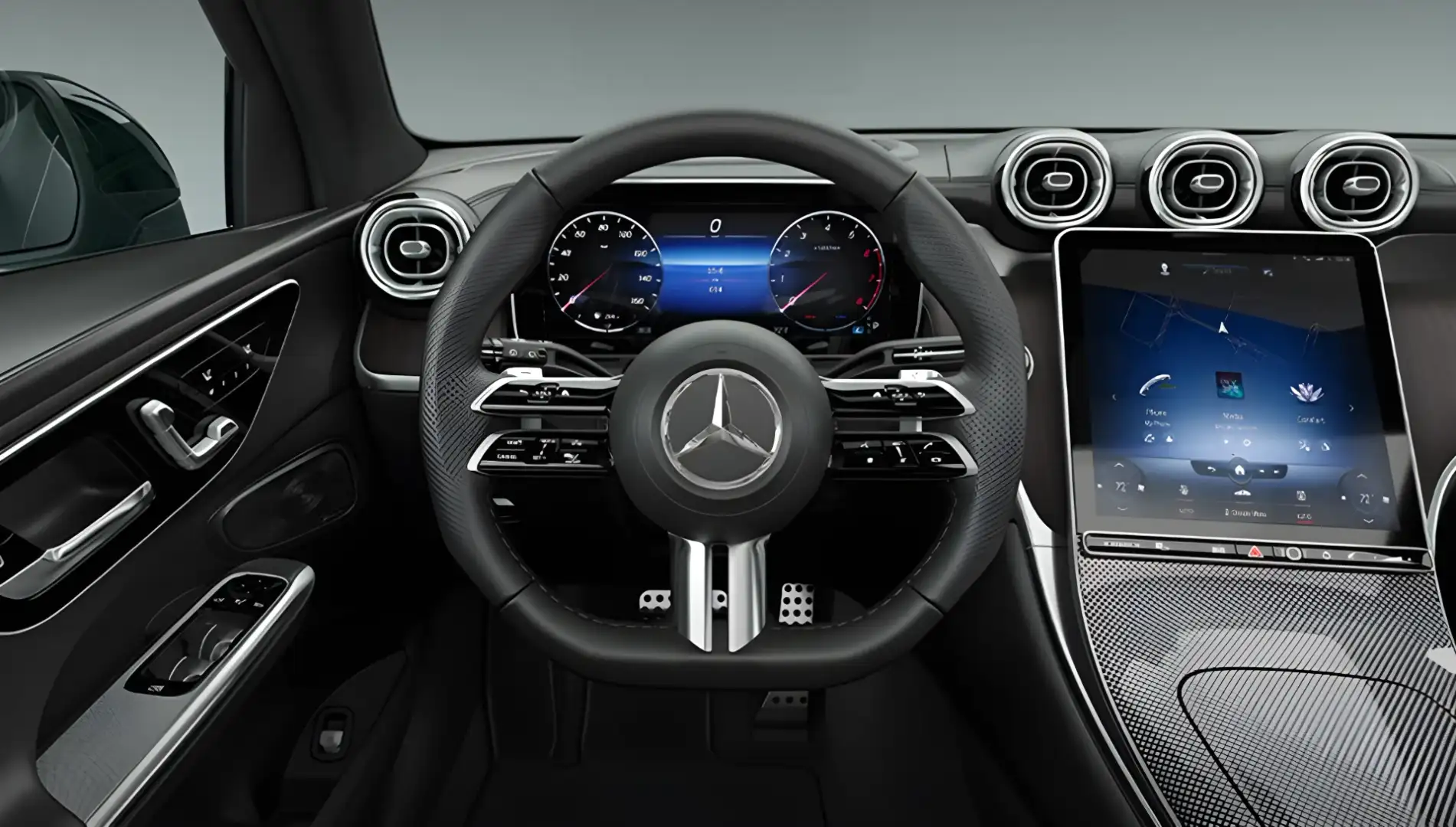 Flat-bottom sport steering wheel with perforated grips and silver shift paddles.