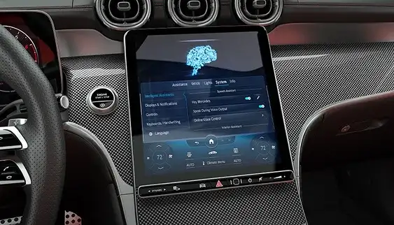 MBUX screen responding to a spoken “Hey, Mercedes” voice command.