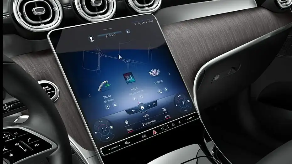 The 11.9-inch portrait touchscreen central multimedia display in the GLC 300 console.
