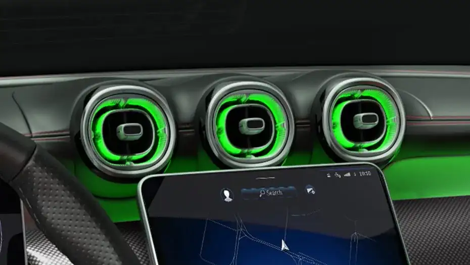 GLC 300 dash vents ringed in green light from the 64-color LED ambient lighting system.