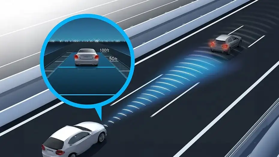 Illustration of DISTRONIC adaptive cruise control measuring the distance to the vehicle ahead on a highway.
