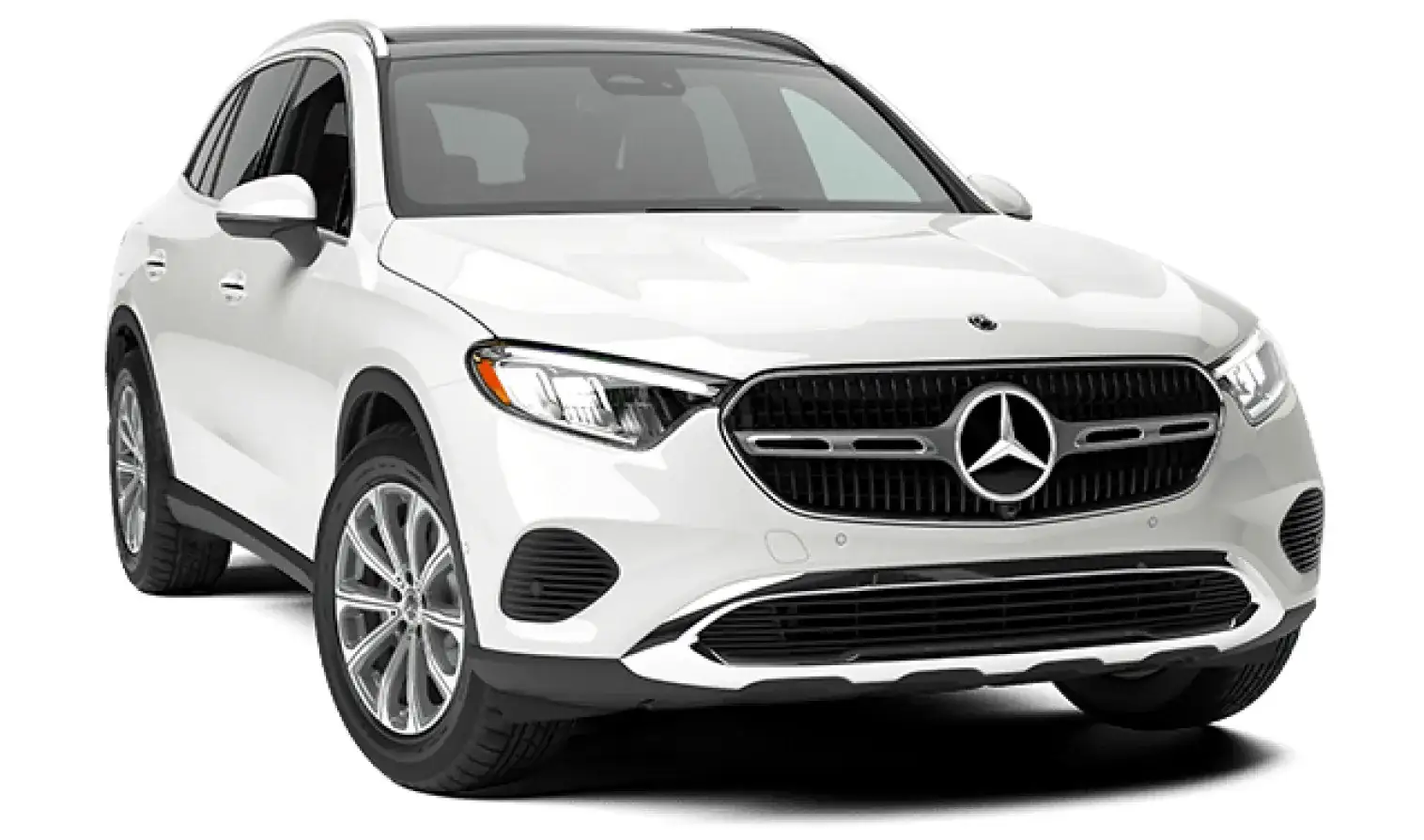 White 2027 Mercedes-Benz GLC 300 4MATIC&reg; SUV in Exclusive trim, shown from a front three-quarter angle.