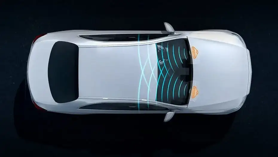 Overhead illustration of the GLC showing sound radiating through the cabin from the FrontBass system.