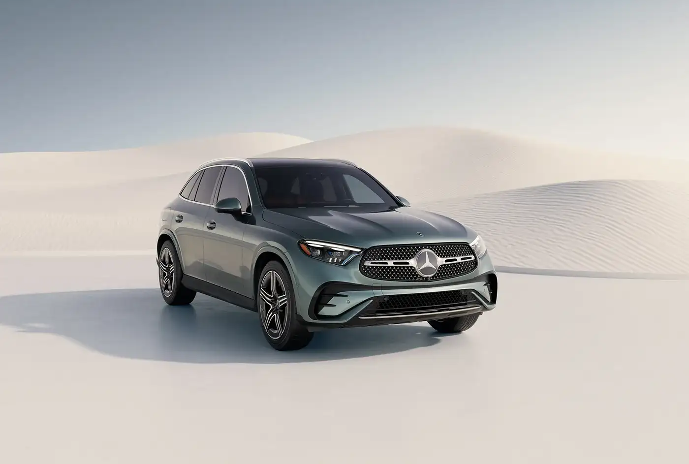 Grey GLC 300 4MATIC&reg; SUV photographed head-on in a desert landscape.