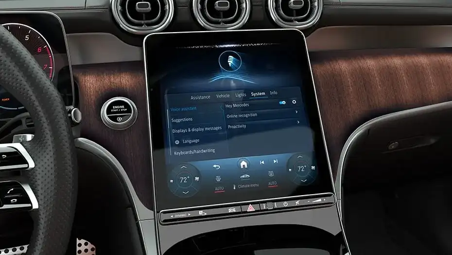 GLC 300 central touchscreen showing the MBUX voice assistant responding to a spoken request.