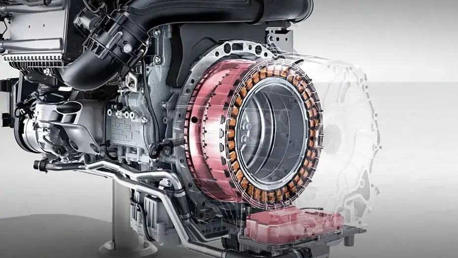 Cutaway view of the GLC 300 turbocharged engine with its Integrated Starter-Generator exposed.