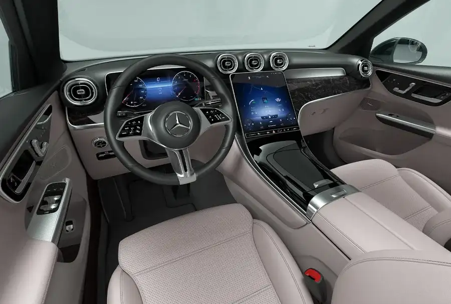 GLC 300 centre console and beige front seats seen from the passenger side.