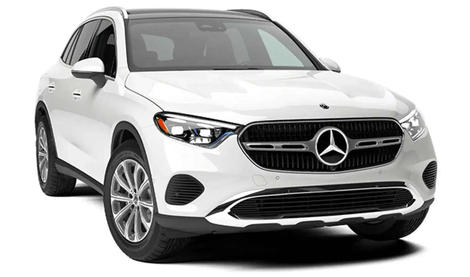 White 2027 Mercedes-Benz GLC 300 4MATIC&reg; SUV in Pinnacle trim, shown from a front three-quarter angle.
