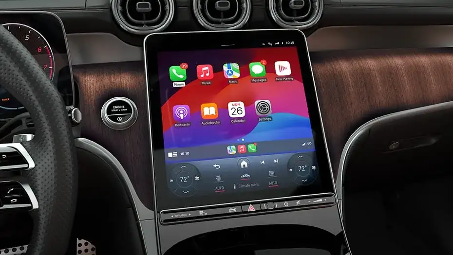GLC 300 central touchscreen showing the wireless Apple CarPlay home screen.