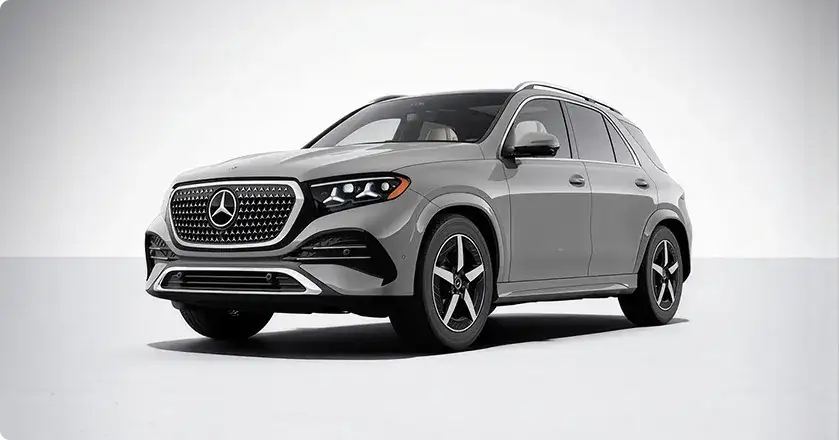 Grey GLE 450 4MATIC SUV shown from a front three-quarter angle on a white studio backdrop.