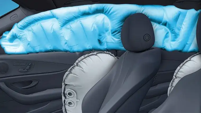 Cabin illustration showing the front, side, knee and curtain air bags deployed.