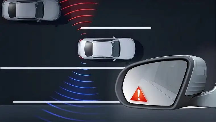 Illustration of radar sensing a vehicle in the blind spot, with a warning icon in the side mirror.
