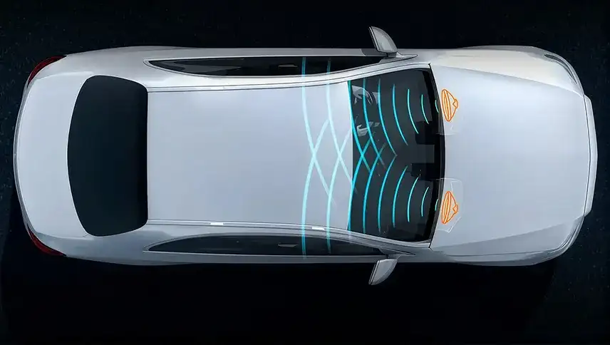 Overhead diagram of the GLE showing sound waves spreading through the cabin from the front.