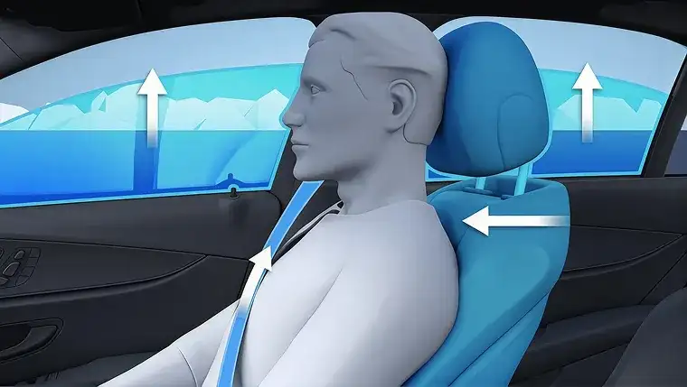 Illustration of PRE-SAFE tightening the seat belt, adjusting the seat and closing the windows.
