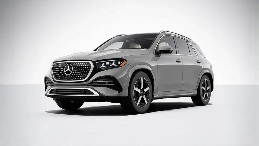 Grey GLE 450 4MATIC SUV shown from a front three-quarter angle on a white studio backdrop.