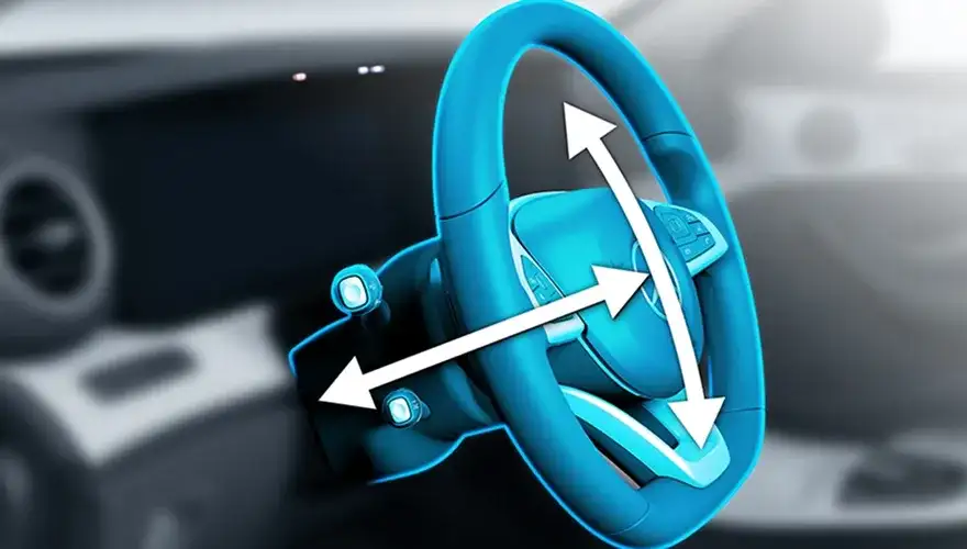 Illustration of the steering wheel with arrows showing tilt and telescoping adjustment.
