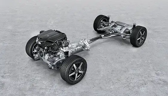 GLE chassis with the engine, 4-wheel independent suspension and wheels on a pale floor.