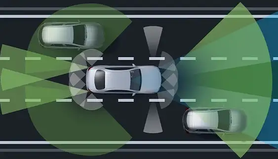 Overhead illustration of radar cones detecting vehicles in both blind spots