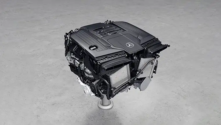 4.0-liter V8 biturbo engine displayed on a stand in a gray studio